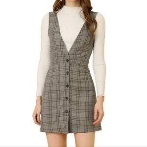 INSPIRE CHIC Women's Overall Houndstooth Pinafore Sleeveless Suspender Dress M